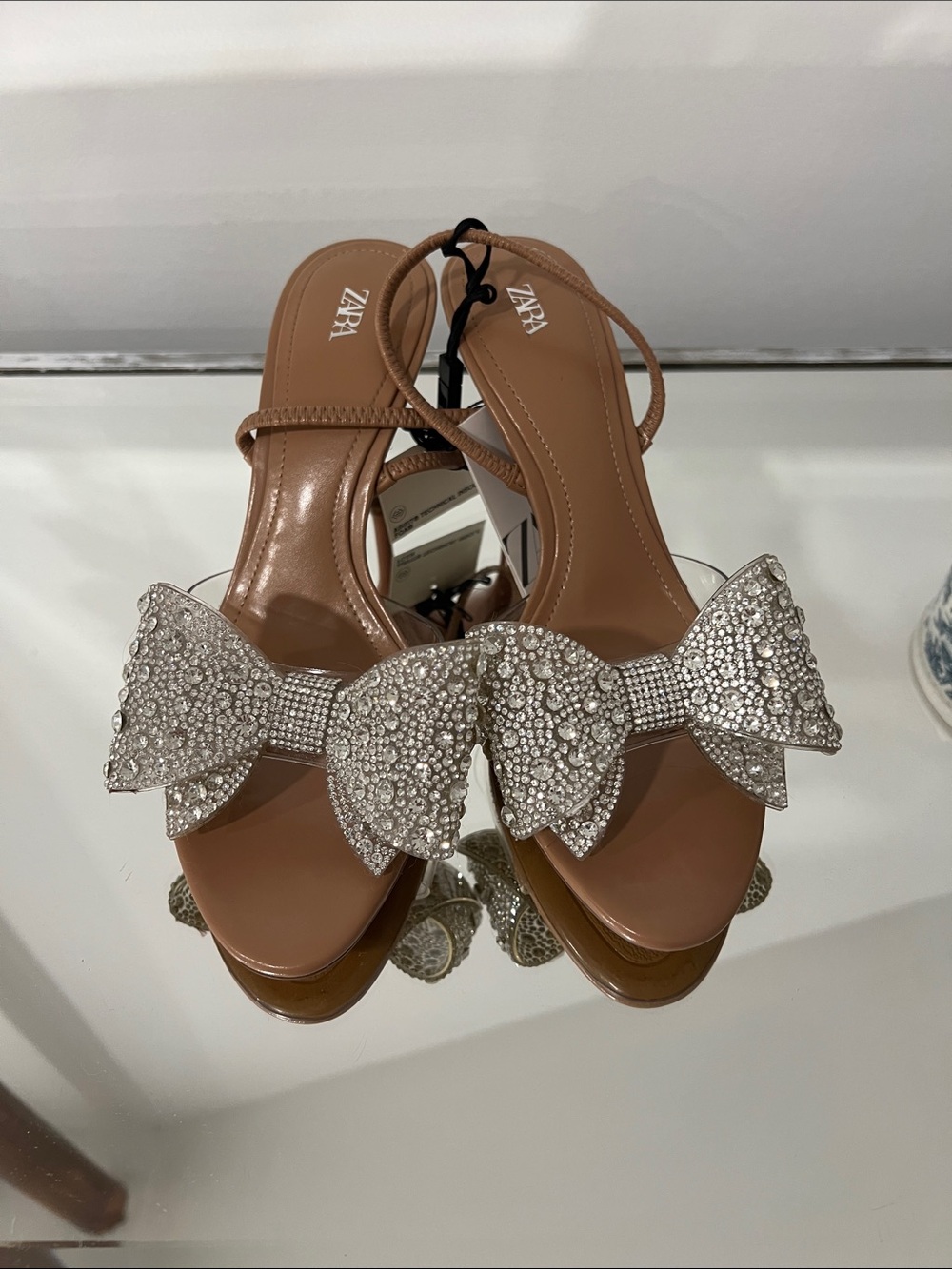 Zara Rhinestone bow open toe sling back heels